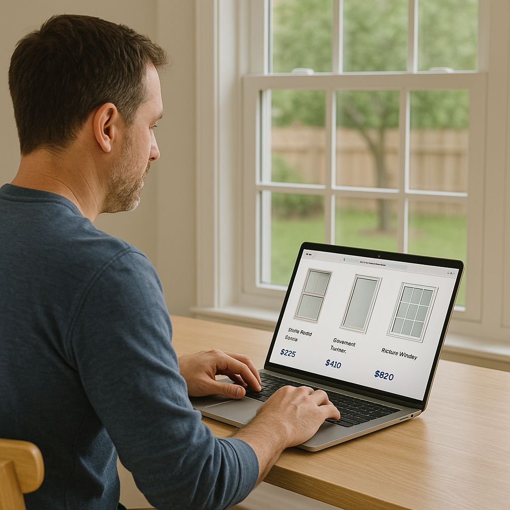 Customer shopping for new windows on a laptop at home.